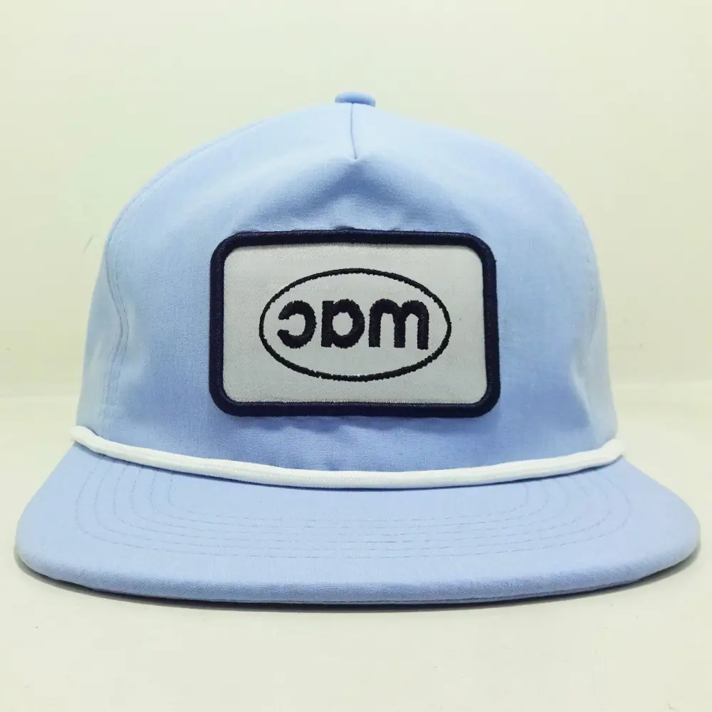 Rope Hats Embroidered Woven Logo Patch Flat Brim Light Blue Color R 256 Caps Shape Adjustable Single Row Snapback Closure Unisex