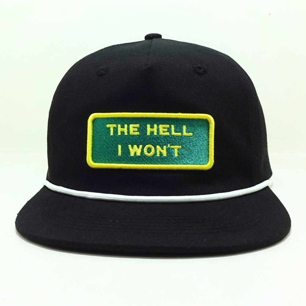 Rope Hats Embroidered/Woven Patch Flat Brim Snapback 5 Panel Structured Caps Black/White Adjustable Single Row Buckle Closure