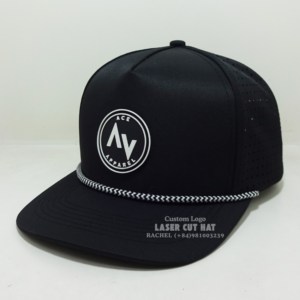 Rope Hats Rubber Logo Patch 5 Panel Structured Laser Cut Hole Perforated Waterproof Slightly Curved Brim Vietnam Factory Unisex 4