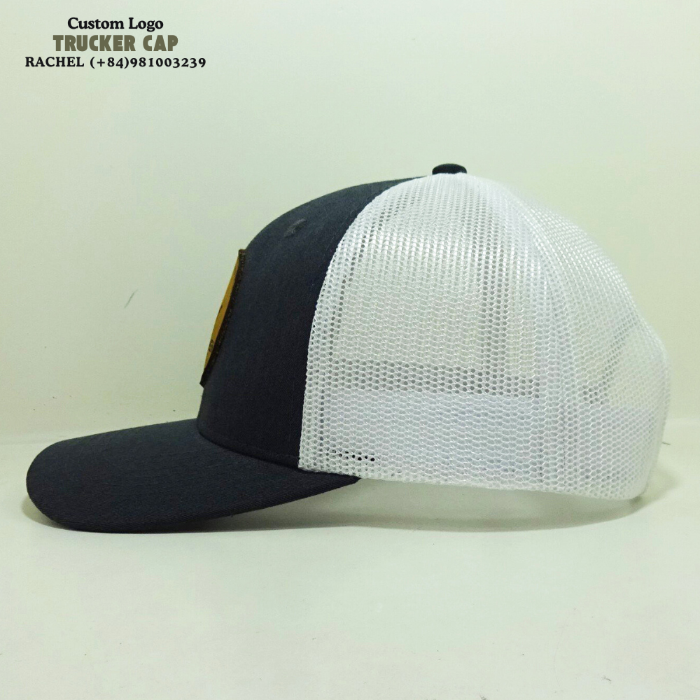 Rounded Leather Patch Hats Trucker 6 Panel Gorras Structured Caps Slightly Curved Brim Black/White Adjustable Snapback Closure 3