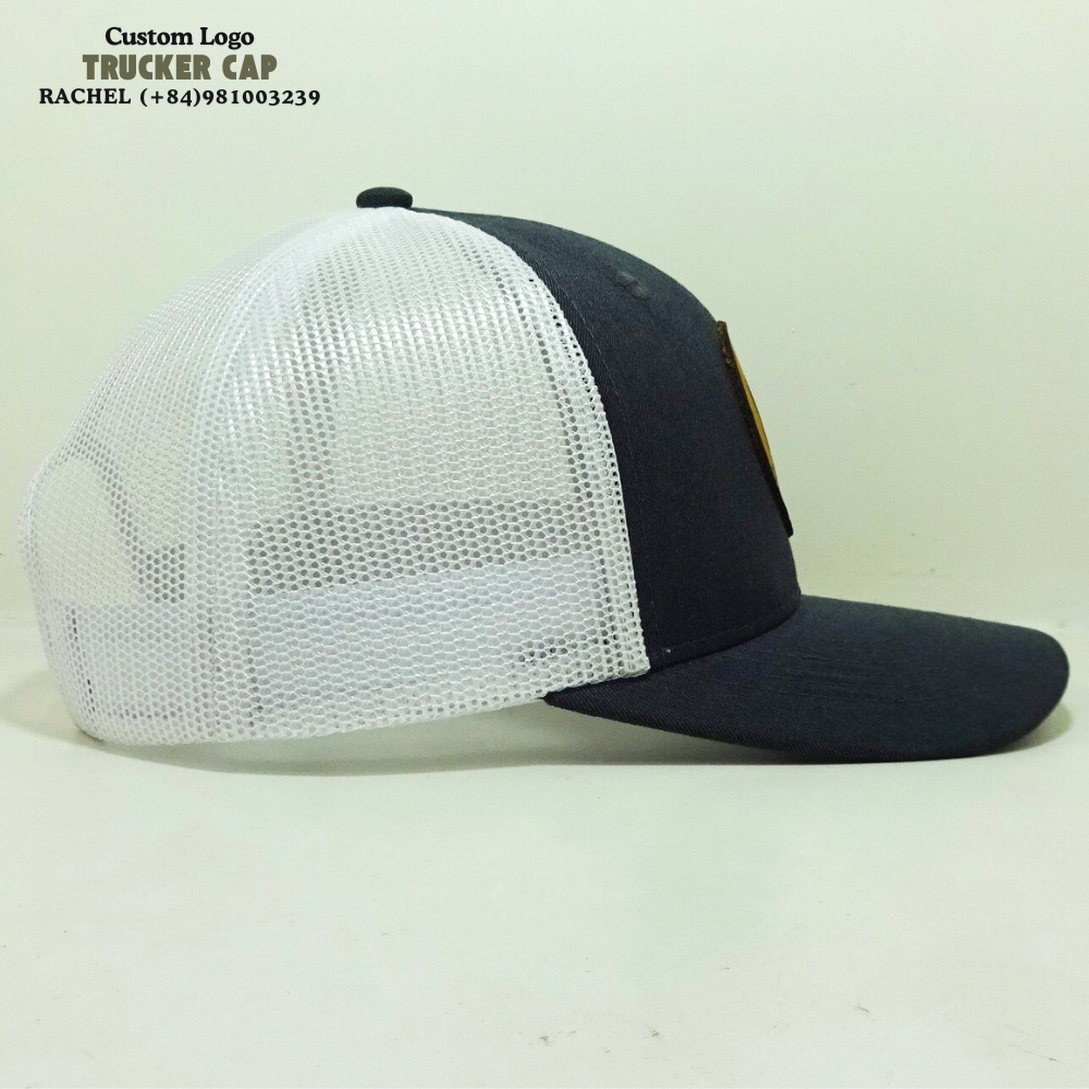 Rounded Leather Patch Hats Trucker 6 Panel Gorras Structured Caps Slightly Curved Brim Black/White Adjustable Snapback Closure 4