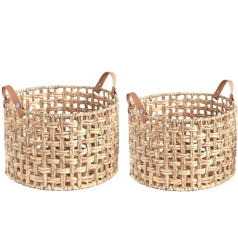 Best Choice Round Water Hyacinth Storage Basket With Leather Handle Storage For Blankets, Bringing A Natural Touch To Any Room. 3
