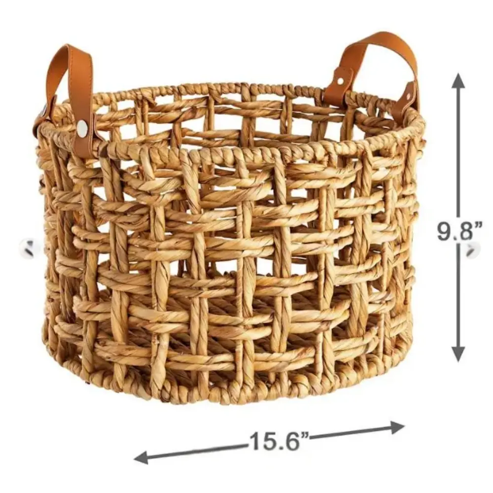Best Choice Round Water Hyacinth Storage Basket With Leather Handle Storage For Blankets, Bringing A Natural Touch To Any Room. 6