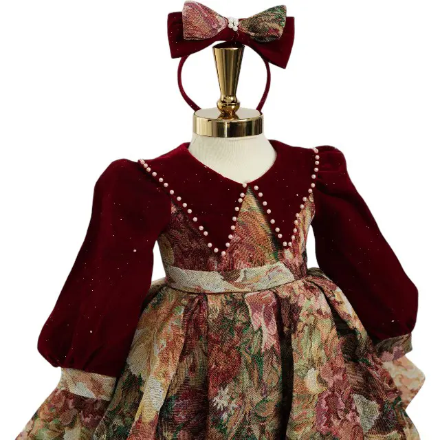 Best Price Winter Velvet Brocade Princess Dress for Baby Girls Large Size Party Style with Lace Bow Decoration Made in Vietnam 2