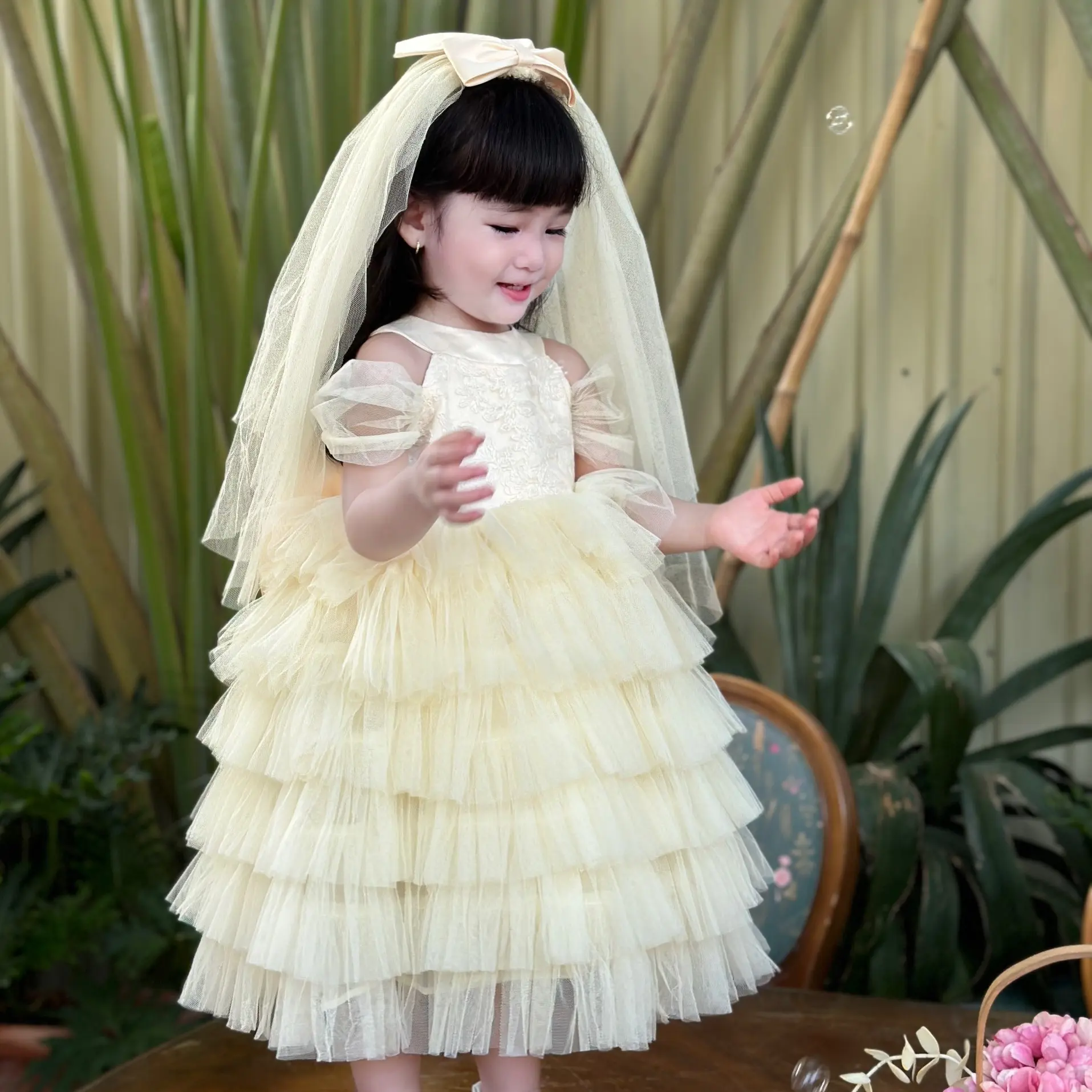 Customizable OEM ODM Girls Dresses by Nhung Nguyen Long Bridesmaid Princess Dress with Veil Made in Vietnam for Baby Children 2
