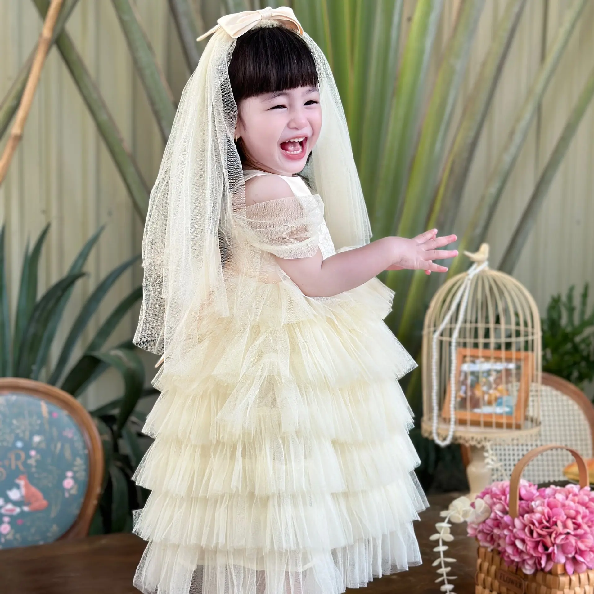 Customizable OEM ODM Girls Dresses by Nhung Nguyen Long Bridesmaid Princess Dress with Veil Made in Vietnam for Baby Children 4
