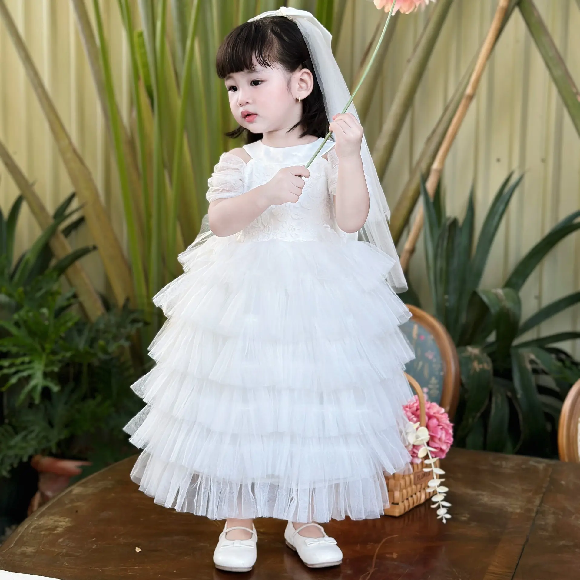 Customizable OEM ODM Girls Dresses by Nhung Nguyen Long Bridesmaid Princess Dress with Veil Made in Vietnam for Baby Children 6