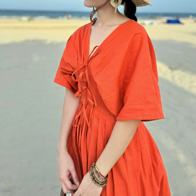 Dress For Women New Styles Good Price 100% Linen Pleated Maxi Linen Dress V-Neck Dress For Ladies From Vietnam Manufacturer 2