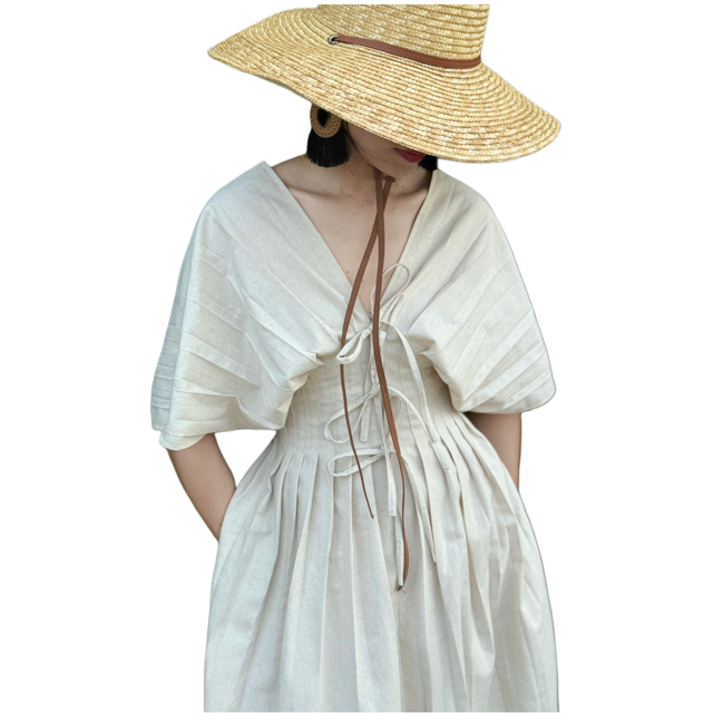 Dress For Women New Styles Good Price 100% Linen Pleated Maxi Linen Dress V-Neck Dress For Ladies From Vietnam Manufacturer 3