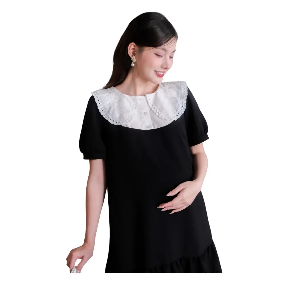 Elegant Office Style Maternity Dress with Ruffled Neck Design V1150 Breathable and Sweat-Absorbent for Summer 2