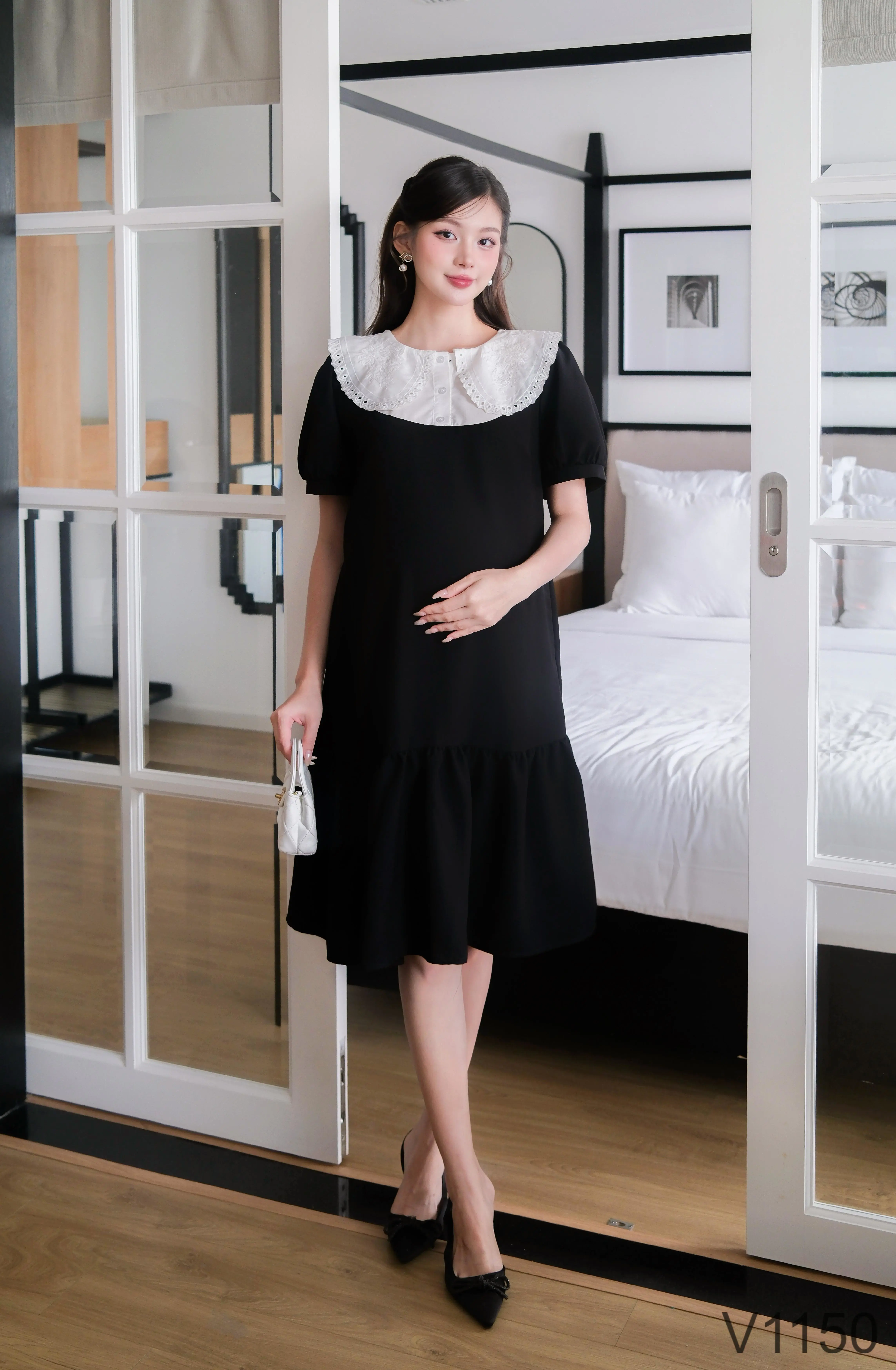 Elegant Office Style Maternity Dress with Ruffled Neck Design V1150 Breathable and Sweat-Absorbent for Summer 7
