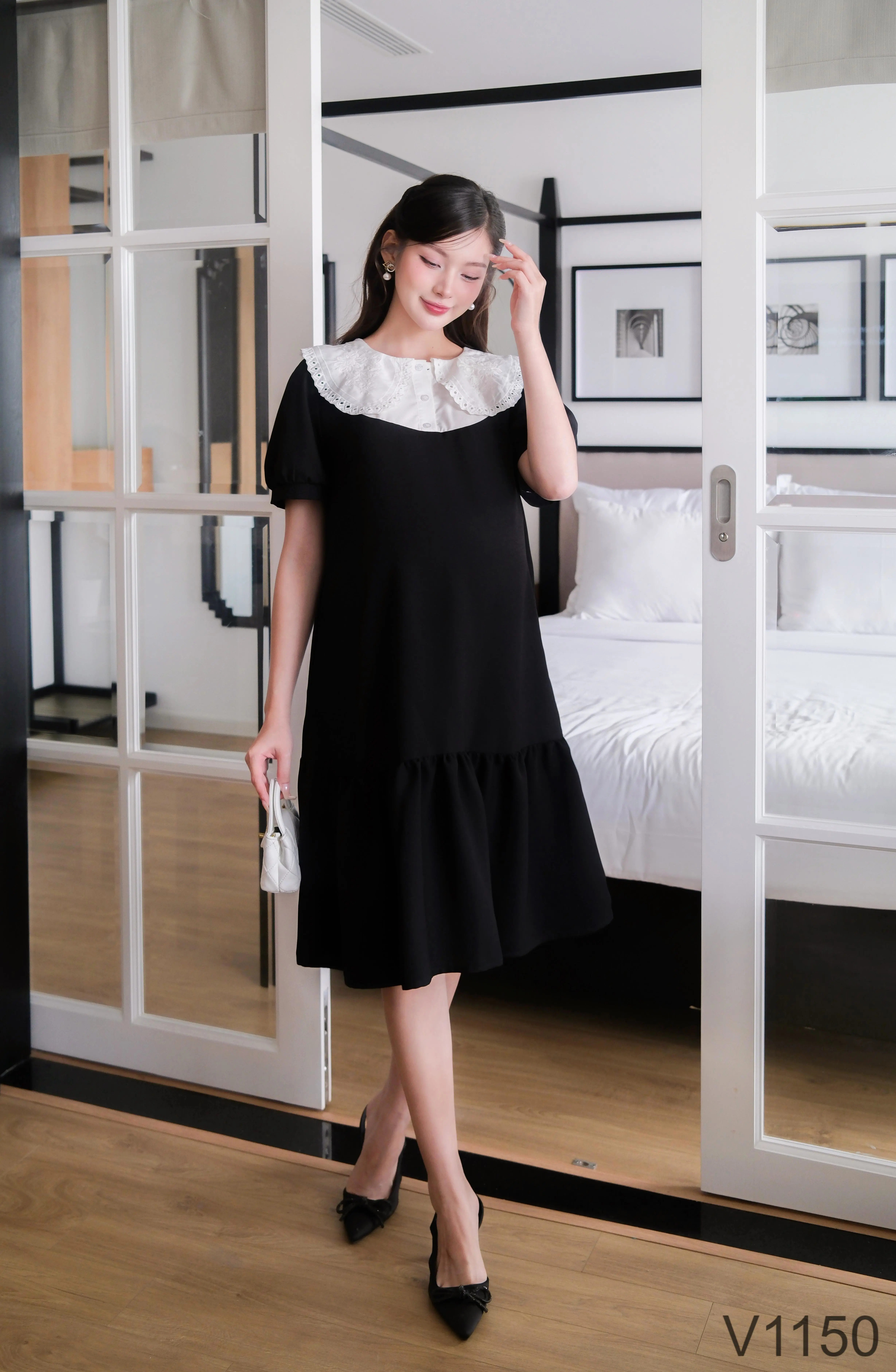 Elegant Office Style Maternity Dress with Ruffled Neck Design V1150 Breathable and Sweat-Absorbent for Summer 3