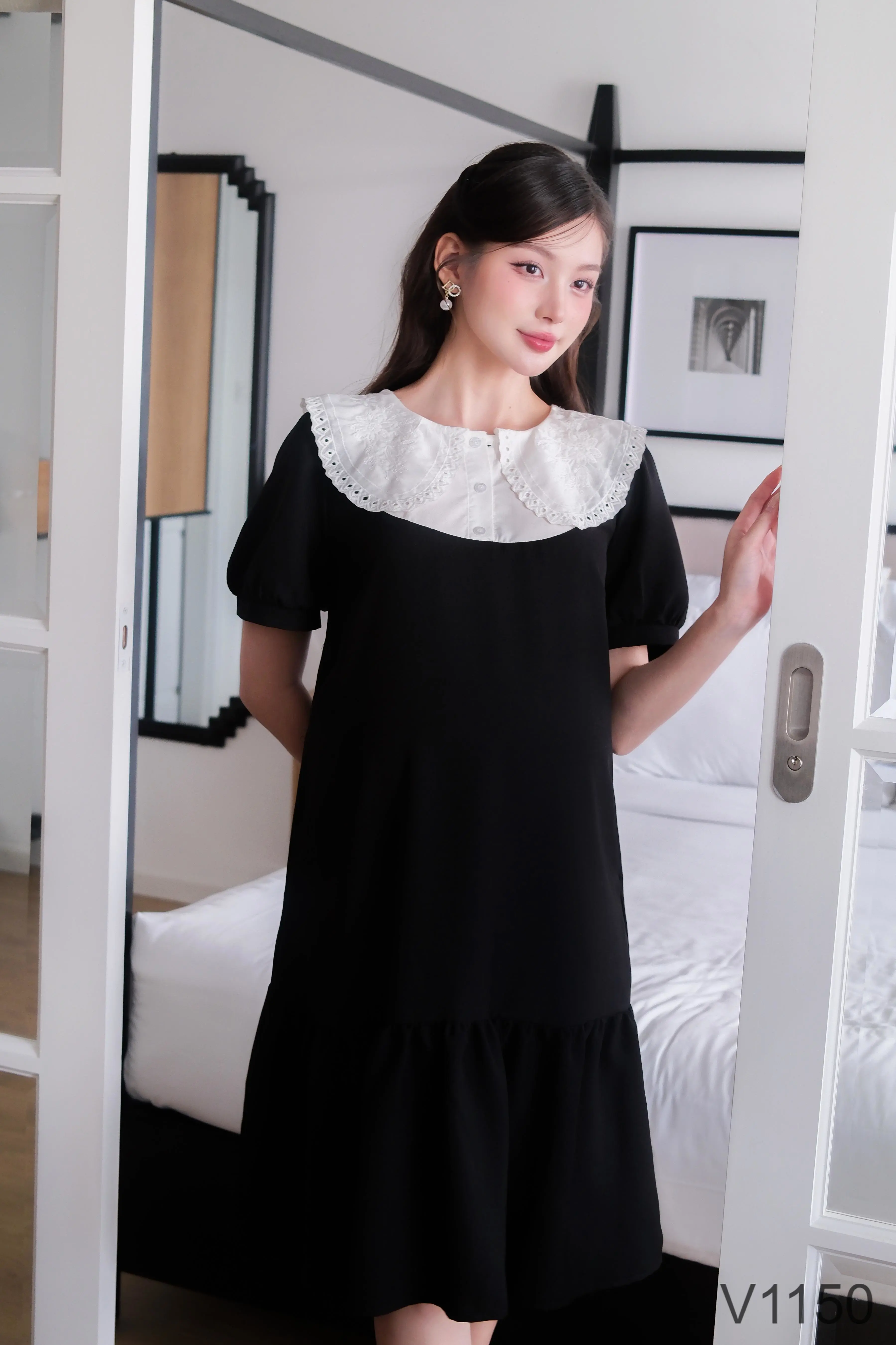 Elegant Office Style Maternity Dress with Ruffled Neck Design V1150 Breathable and Sweat-Absorbent for Summer 4