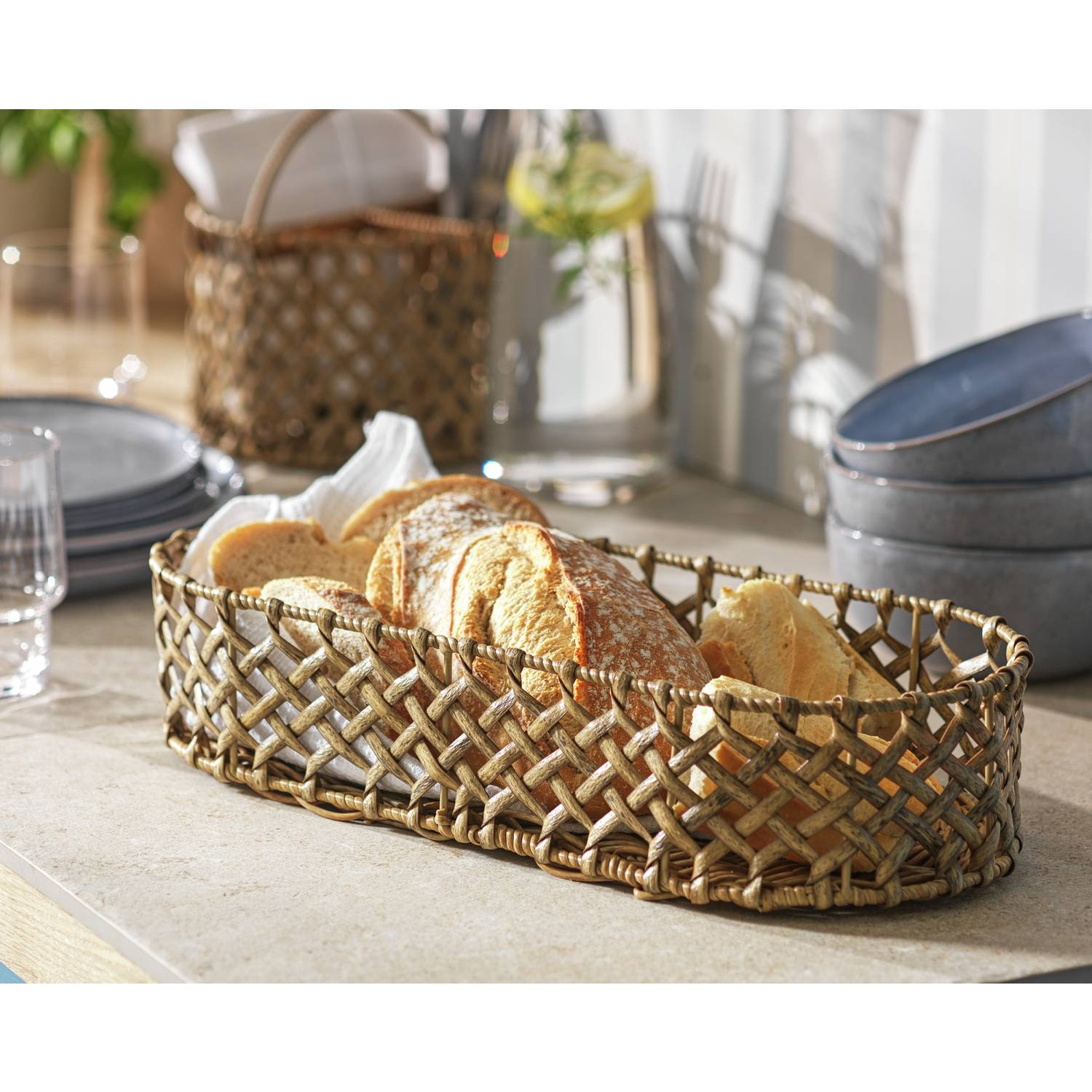 Hand woven basket rattan, bamboo, water hycinth, seagrass oval basket for holding bread and fruit, objects Fashionable. 4