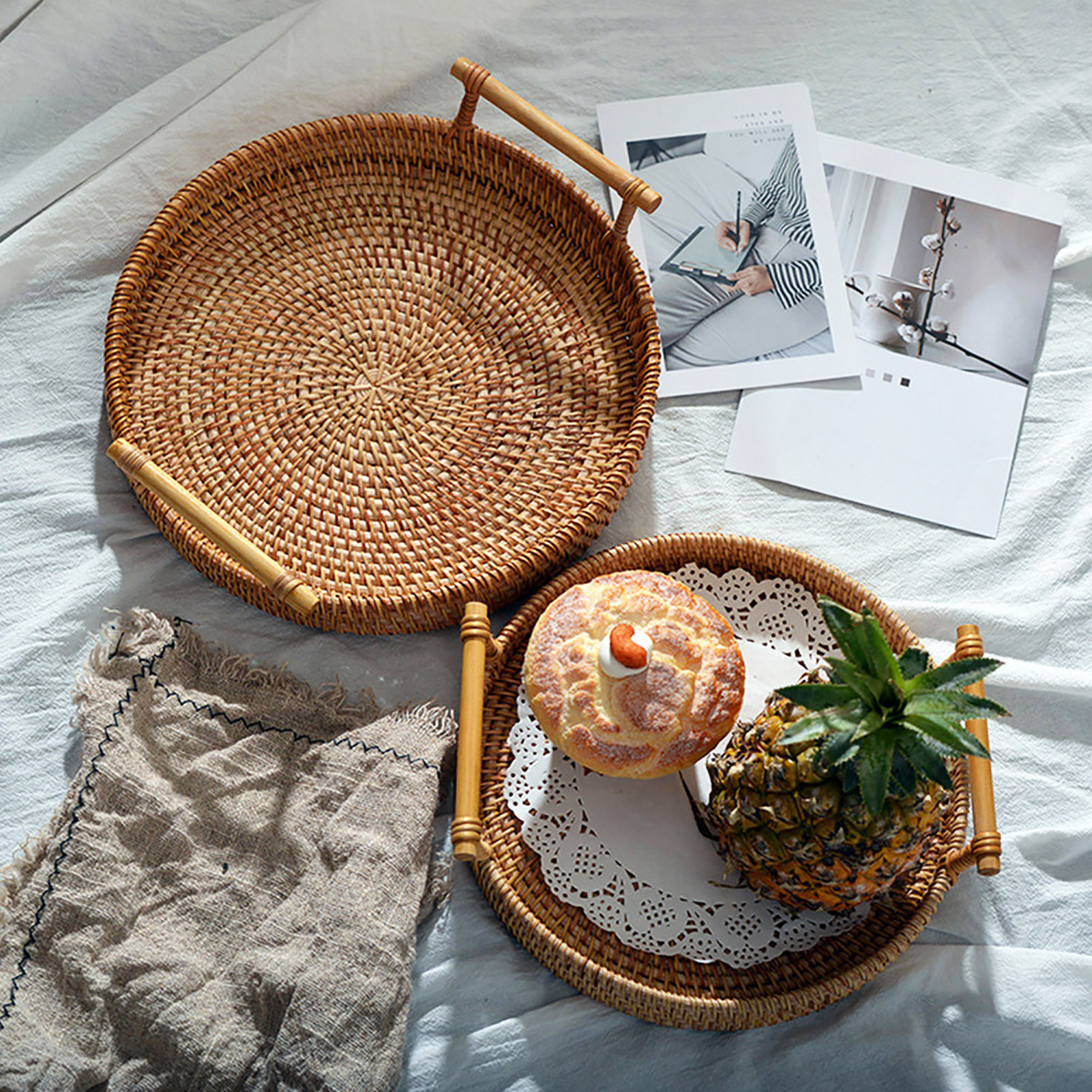 Hand woven basket rattan, bamboo, water hycinth, seagrass oval basket for holding bread and fruit, objects. Fashionable 1