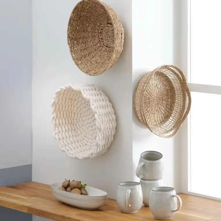 Hand woven basket rattan, bamboo, water hycinth, seagrass round basket for holding bread and fruit, objects. Fashionable 2