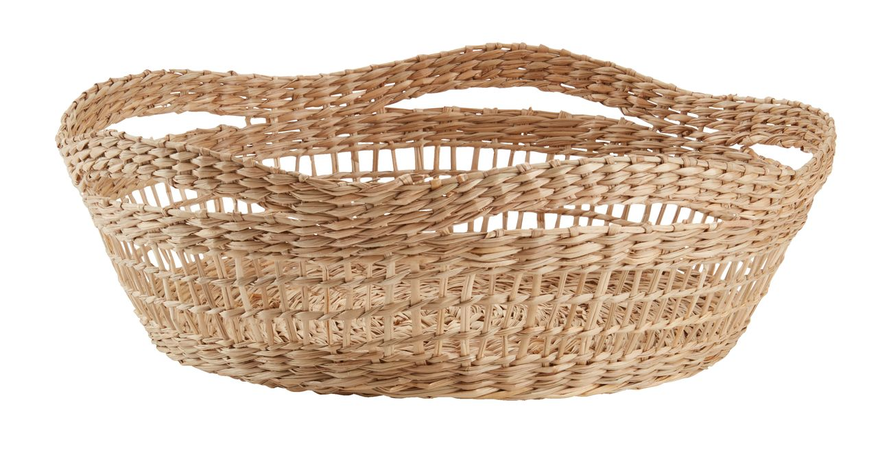 Hand woven basket rattan, bamboo, water hycinth, seagrass round basket for holding bread and fruit, objects. Fashionable 3