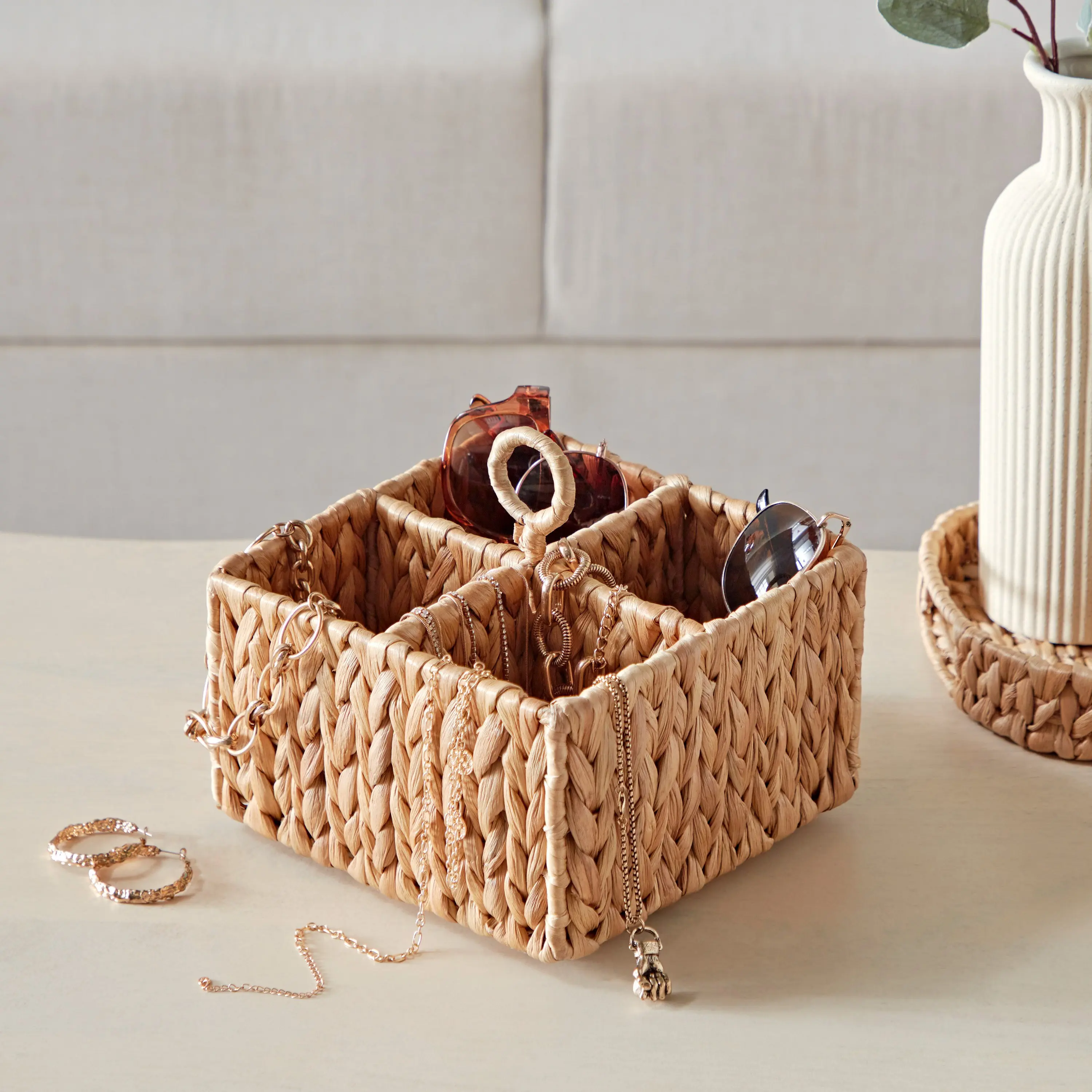Hand woven round rattan, bamboo, seagrass water hycinth, seagrass basket trinket Box,  spoon box 3