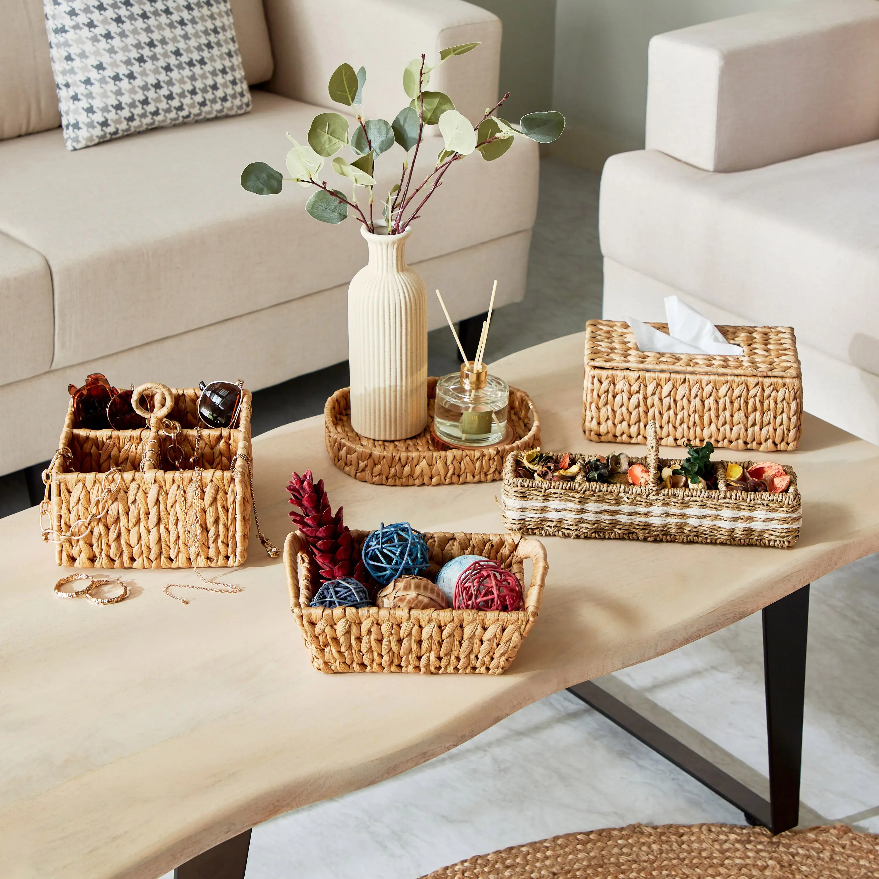 Hand woven round rattan, bamboo, seagrass water hycinth, seagrass basket trinket Box,  spoon box 2