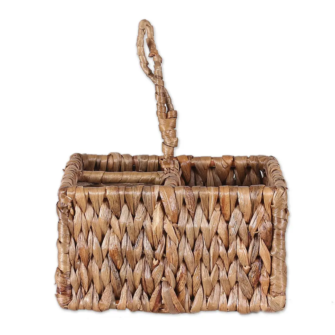 Hand woven round rattan, bamboo, seagrass water hycinth, seagrass basket trinket Box,  spoon box 3 Compartments 2