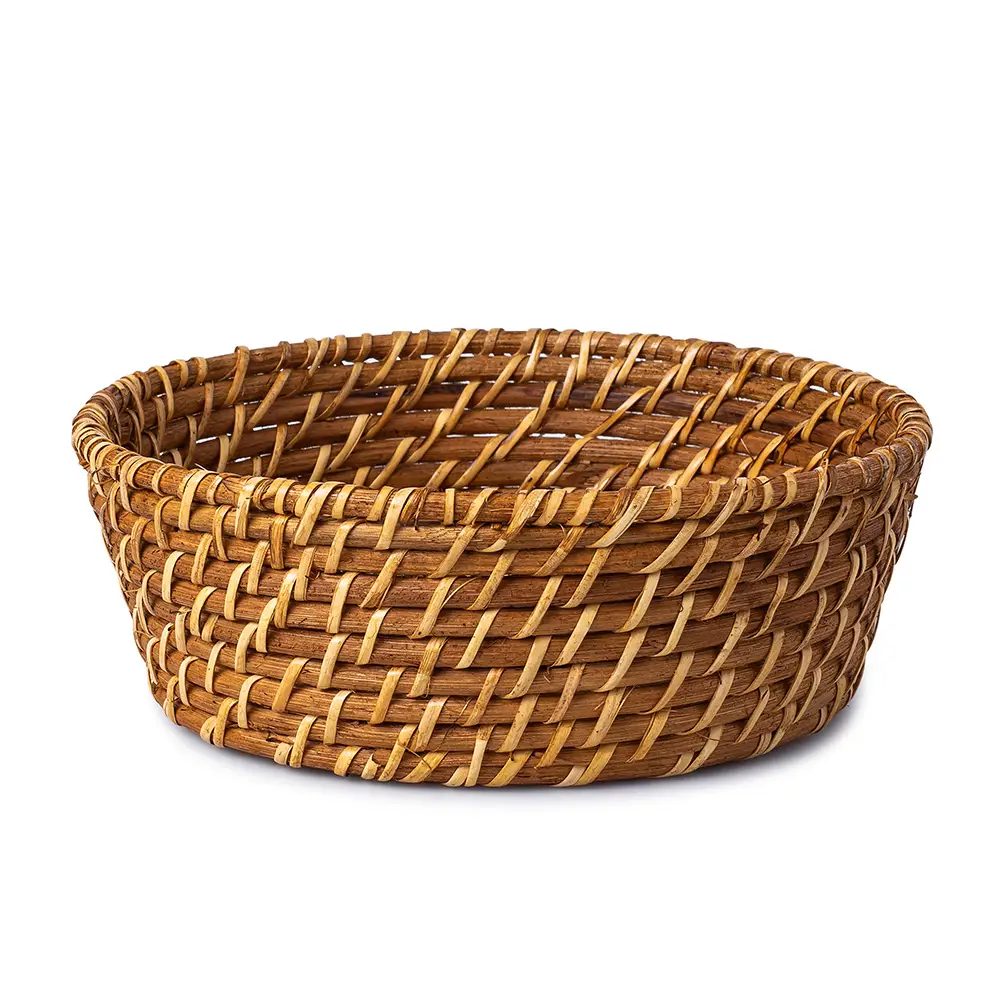 Hand woven round rattan, bamboo, water hycinth, seagrass basket for holding bread and fruit, objects. Fashionable design 2