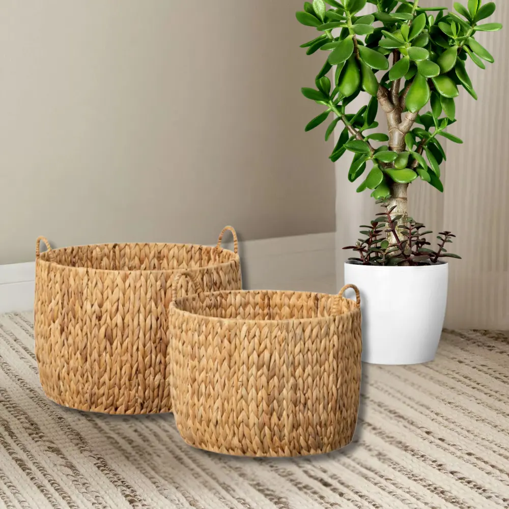 Handcrafted Fiber Baskets Set of 2 Natural High Quality Large Water Hyacinth Wicker Hand-Woven with Handles +84 976 578 835 1