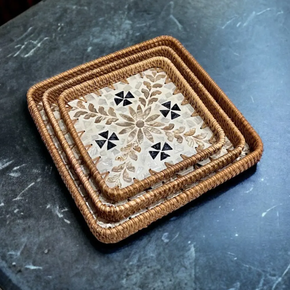Handwoven Rattan Tray Mosaic Design Decorative Tray Furniture Wholesale Bamboo Serving Tray Set OEM ODM Made In Vietnam 5