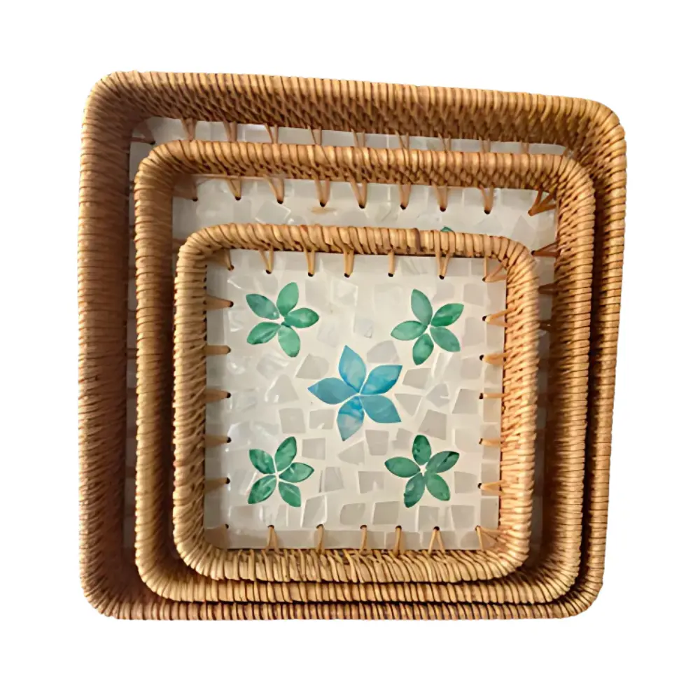Handwoven Rattan Tray Mosaic Design Decorative Tray Furniture Wholesale Bamboo Serving Tray Set OEM ODM Made In Vietnam 1