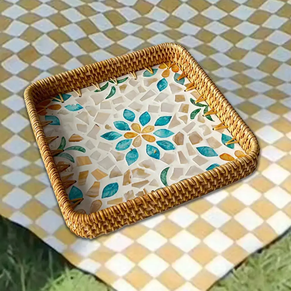 Handwoven Rattan Tray Mosaic Design Decorative Tray Furniture Wholesale Bamboo Serving Tray Set OEM ODM Made In Vietnam 4