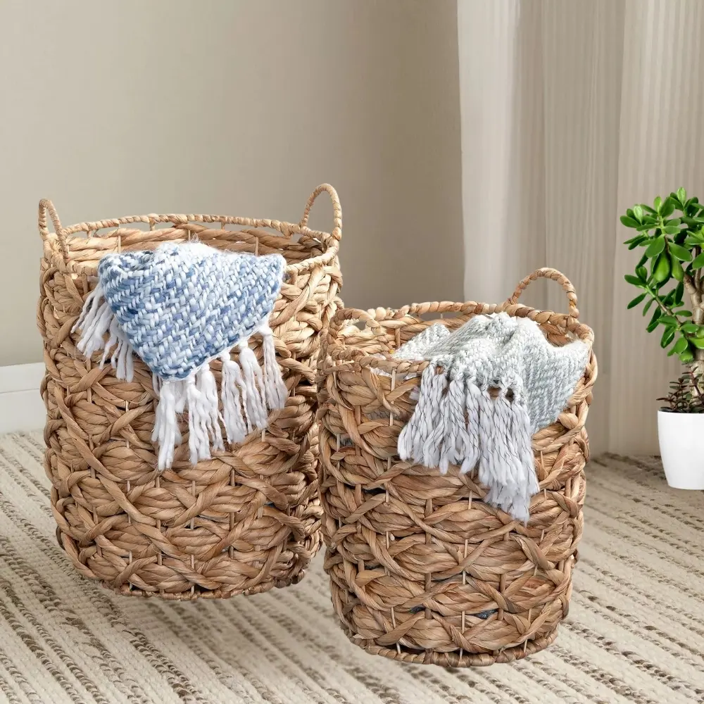 Handwoven Water Hyacinth Basket with Strong Handles Durable Ideal for Planter Cover Flower Arrangement Storage for Clothes 1