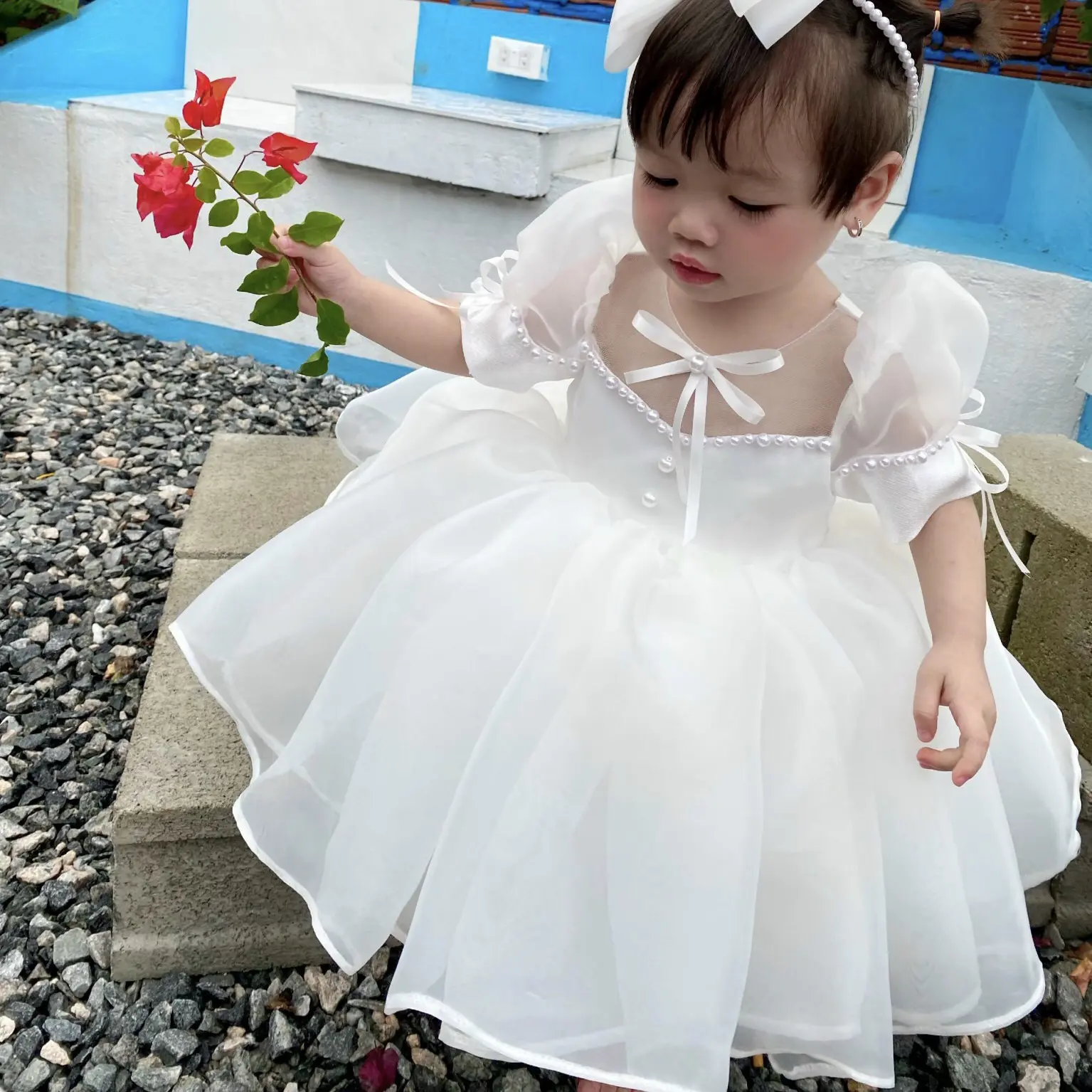 High Quality Nhung Nguyen Princess Short Chiffon Party Dress Girls 12 Years Old Kids Autumn Tulle Flower Ball Gown Pearls Prom 5