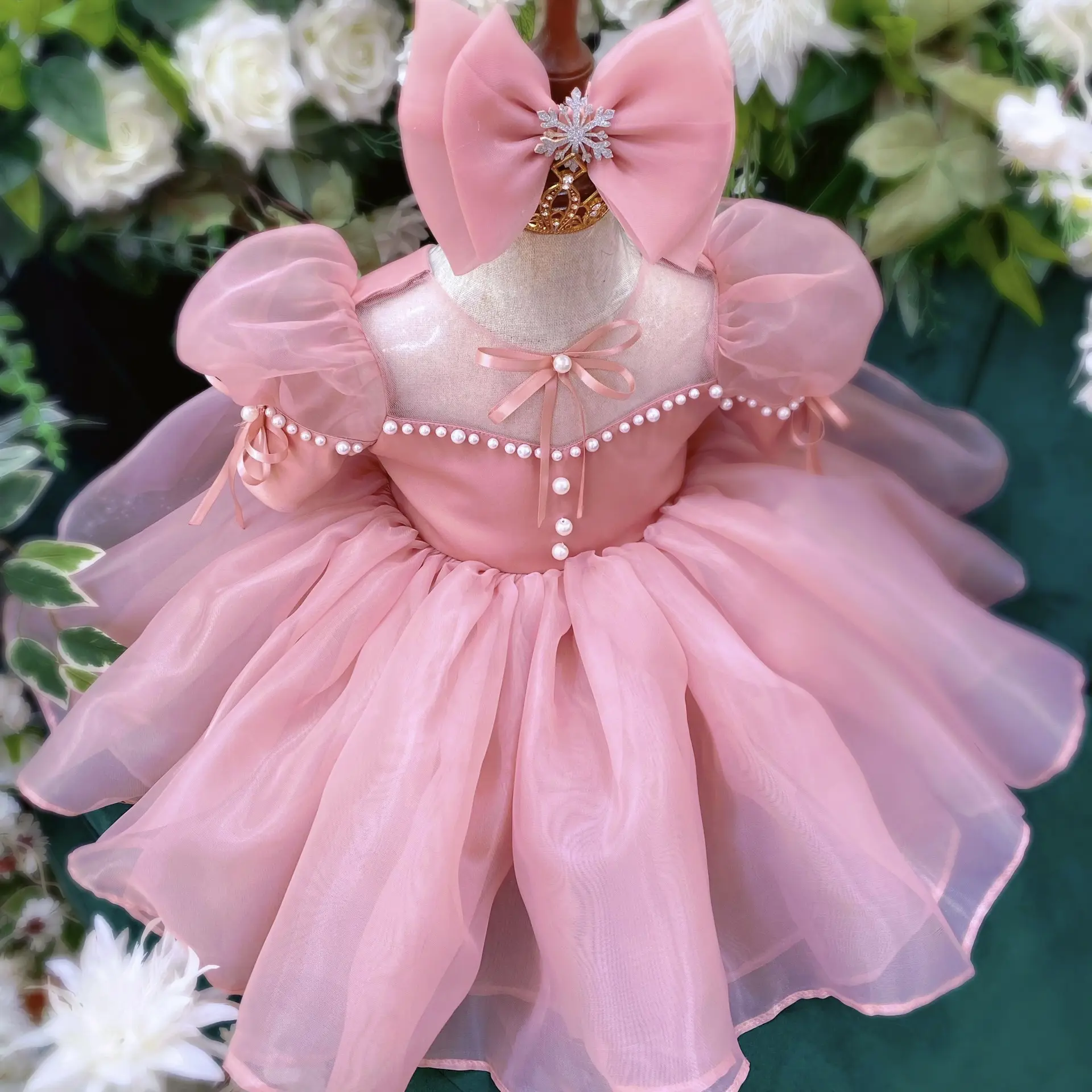 High Quality Nhung Nguyen Princess Short Chiffon Party Dress Girls 12 Years Old Kids Autumn Tulle Flower Ball Gown Pearls Prom 3