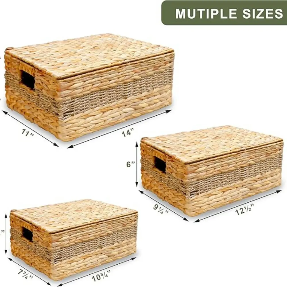Hyacinth Wicker Basket Set 3 Sizes Rectangular Wooden Handles Natural Hyacinth Cloth Storage Bins Handcrafted Shelf Organizer 3