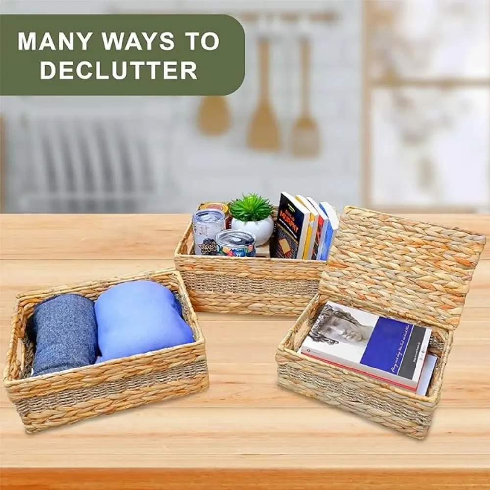 Hyacinth Wicker Basket Set 3 Sizes Rectangular Wooden Handles Natural Hyacinth Cloth Storage Bins Handcrafted Shelf Organizer 4