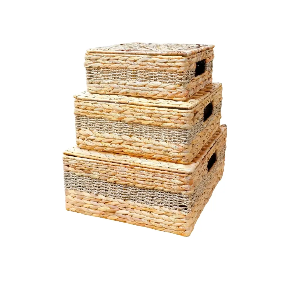 Hyacinth Wicker Basket Set 3 Sizes Rectangular Wooden Handles Natural Hyacinth Cloth Storage Bins Handcrafted Shelf Organizer 2