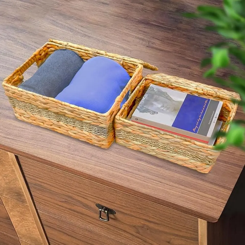 Hyacinth Wicker Basket Set 3 Sizes Rectangular Wooden Handles Natural Hyacinth Cloth Storage Bins Handcrafted Shelf Organizer 6