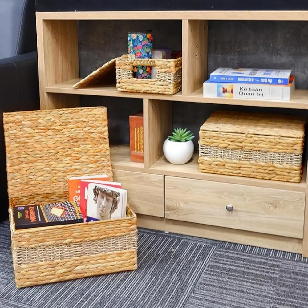 Hyacinth Wicker Basket Set 3 Sizes Rectangular Wooden Handles Natural Hyacinth Cloth Storage Bins Handcrafted Shelf Organizer 5