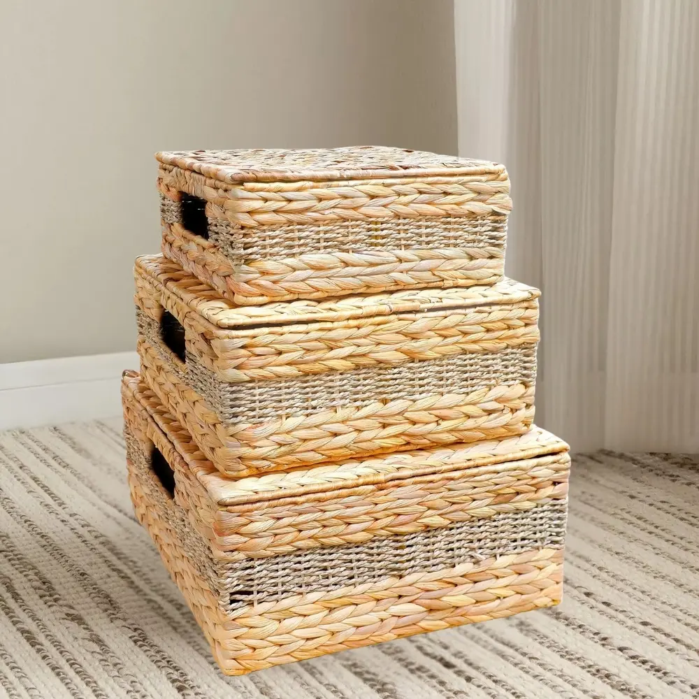 Hyacinth Wicker Basket Set 3 Sizes Rectangular Wooden Handles Natural Hyacinth Cloth Storage Bins Handcrafted Shelf Organizer 1