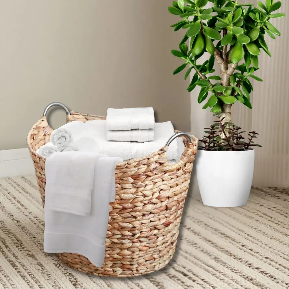 Large Round Water Hyacinth Wicker Laundry Basket with Sturdy Metal Handles Stylish Storage Solution for Home Organization 1