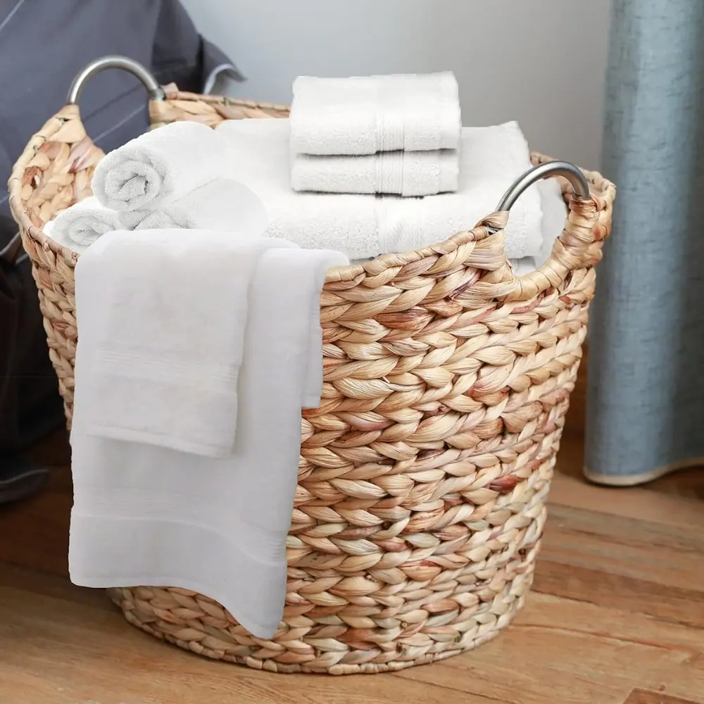 Large Round Water Hyacinth Wicker Laundry Basket with Sturdy Metal Handles Stylish Storage Solution for Home Organization 6