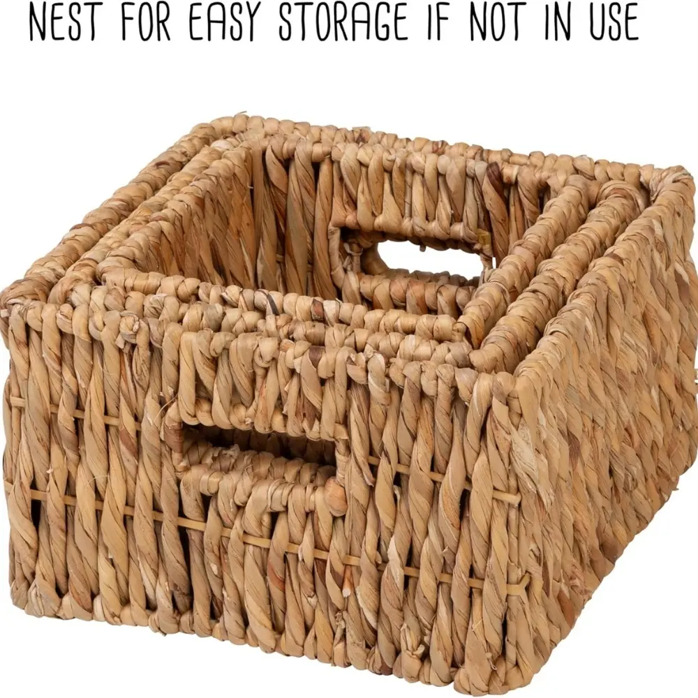 Natural Wicker Square Nested Baskets with Handles Set Of 3 Square Nesting Water Hyacinth Baskets Handles Multifunctional Bulk 4