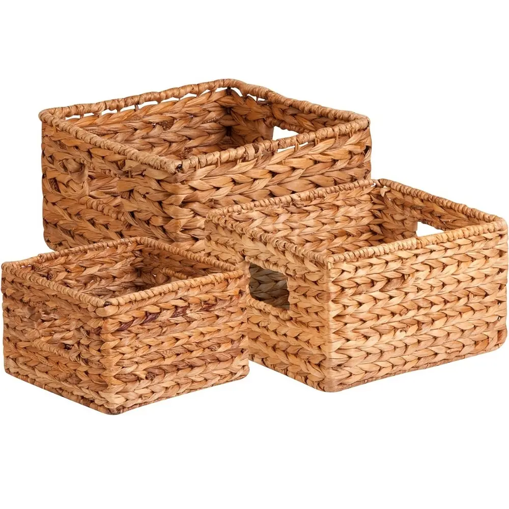 Natural Wicker Square Nested Baskets with Handles Set Of 3 Square Nesting Water Hyacinth Baskets Handles Multifunctional Bulk 2