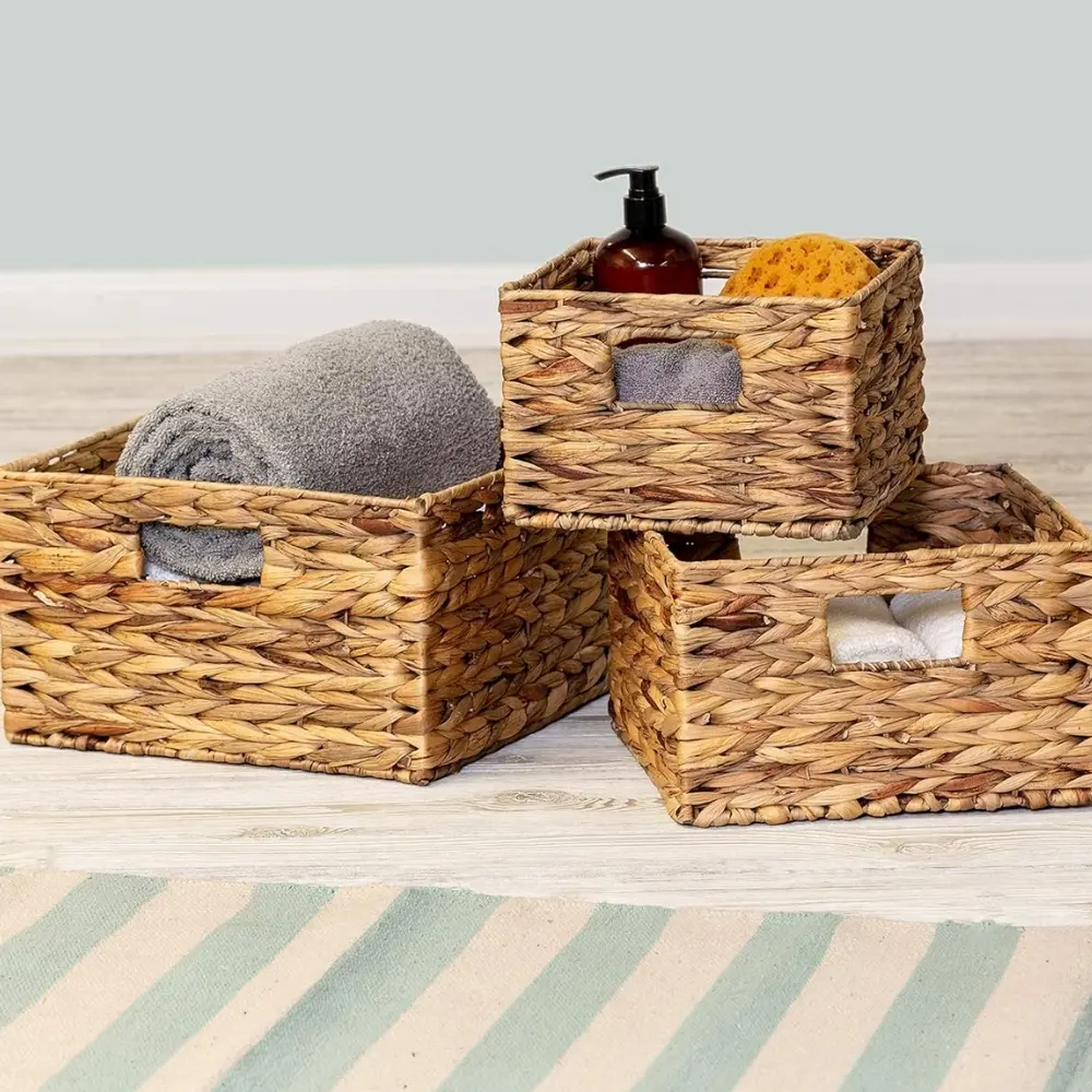 Natural Wicker Square Nested Baskets with Handles Set Of 3 Square Nesting Water Hyacinth Baskets Handles Multifunctional Bulk 6