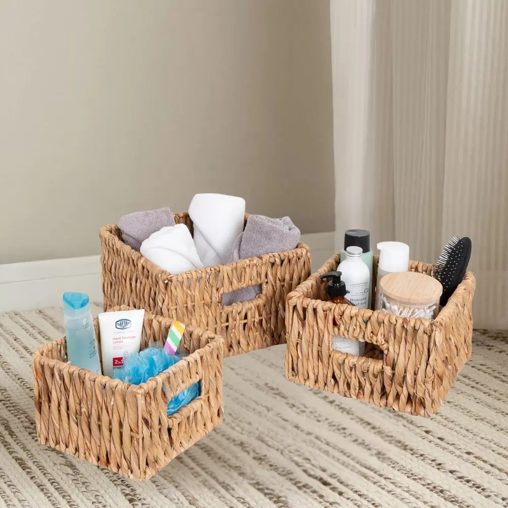 Natural Wicker Square Nested Baskets with Handles Set Of 3 Square Nesting Water Hyacinth Baskets Handles Multifunctional Bulk 1