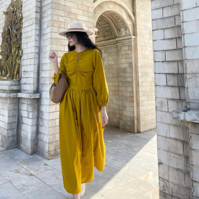 New Sexy Puff Sleeve Long A-line Dresses  Cotton Linen Dresses Women Elegant Competitive Price Casual OEM ODM  Made In Vietnam 2