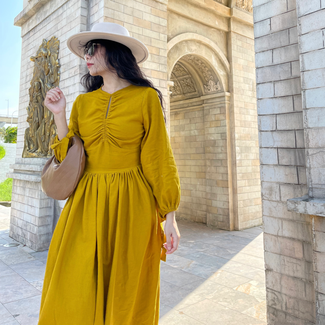 Competitive Price Casual New Sexy Puff Sleeve Long A-line Dresses  Cotton Linen Dresses Women Elegant OEM ODM  Made In Vietnam Manufacturer 4