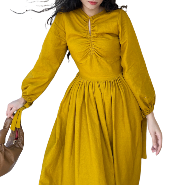New Sexy Puff Sleeve Long A-line Dresses  Cotton Linen Dresses Women Elegant Competitive Price Casual OEM ODM  Made In Vietnam 1