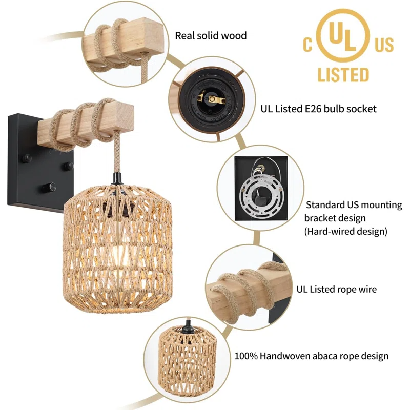 Rattan wall lamp with hanging wire, bamboo handmade, Lamps made from handmade materials, home decoration accessories, wholesale. 2