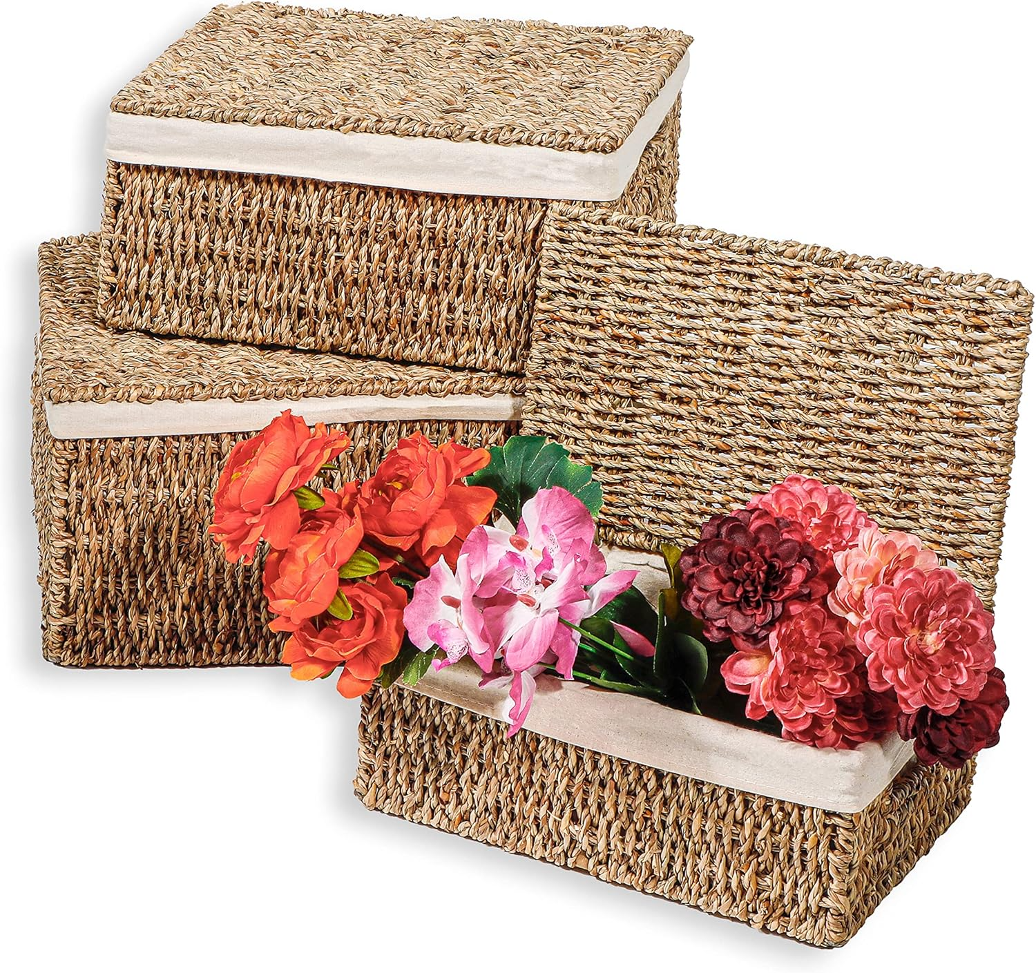 Rectangular Seagrass Basket Set with Lid, home organization accessory highly aesthetic, wholesale available. 4