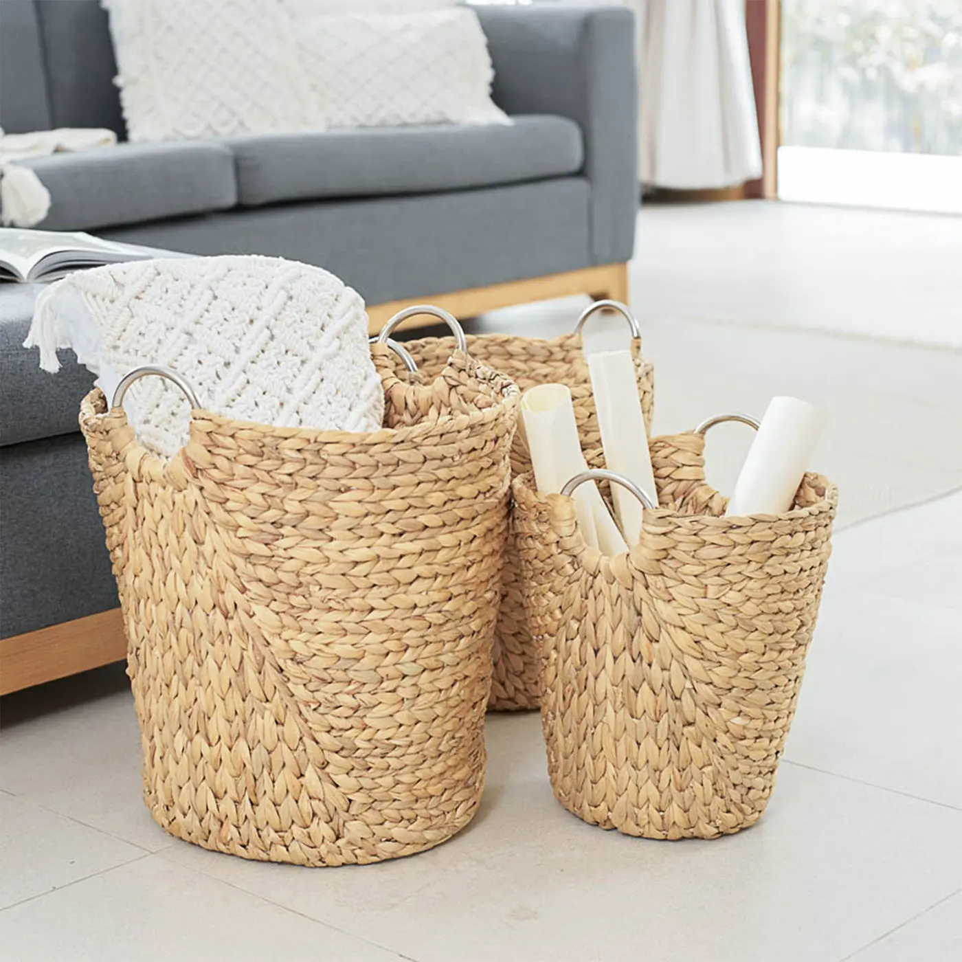 Round handle woven basket, Storage basket, home organization accessory highly aesthetic, wholesale available. 2